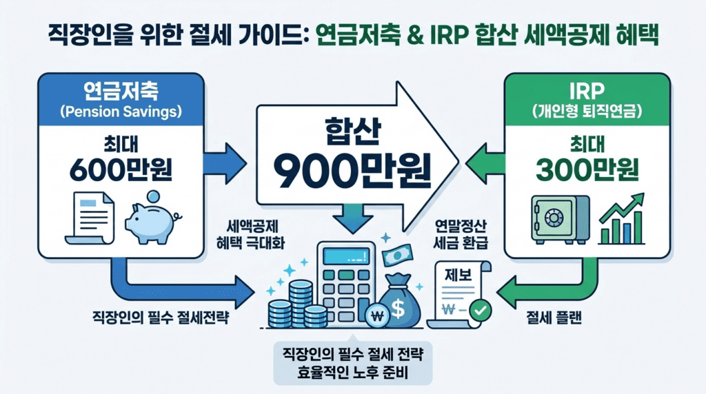 연금저축 600만원과 IRP 300만원을 합산한 900만원 세액공제 한도 설명 인포그래픽