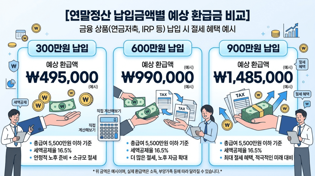 연금저축 납입액 300만원 600만원 900만원별 세액공제 환급액 비교 인포그래픽