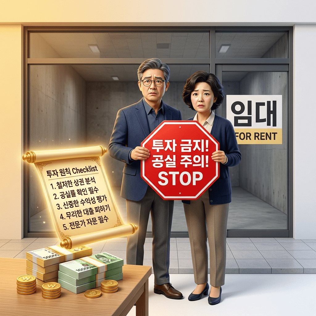 은퇴 자금을 노리는 공실 지옥의 함정을 피하기 위해 필수적인 상가 투자 주의사항을 숙지하고 텅 빈 분양 상가 앞에서 멈춤 표지판을 들고 있는 50대 부부의 3D 일러스트 썸네일