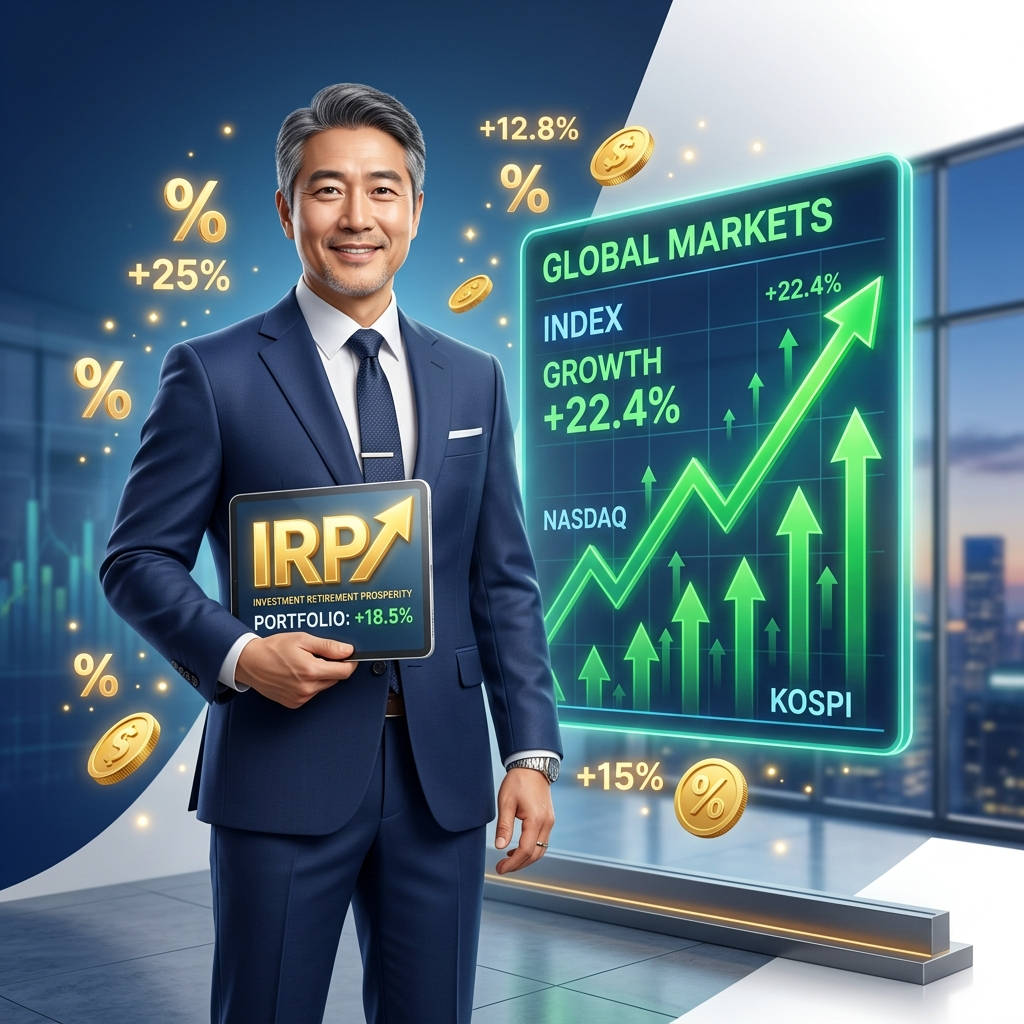 퇴직연금 IRP 계좌 수익률을 2배 이상 끌어올리고 만족스러운 미소를 지으며 노후 자금 상승 그래프를 확인하는 50대 직장인의 3D 일러스트 썸네일