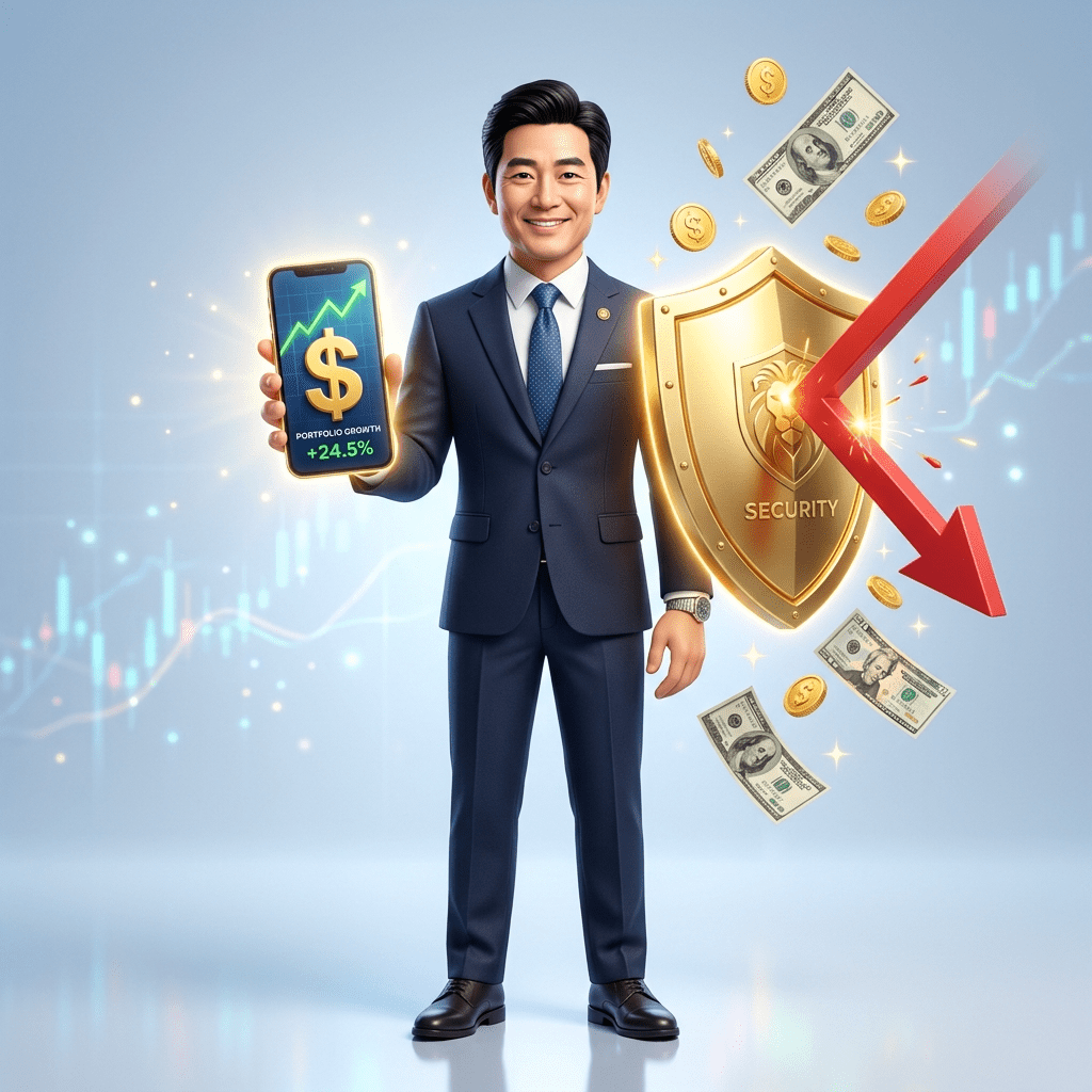 주식 시장의 폭락을 방어하기 위해 안전자산인 달러를 매수하는 달러 투자 방법을 활용하여 환차익을 얻고 환하게 웃는 4050 직장인의 3D 일러스트 썸네일