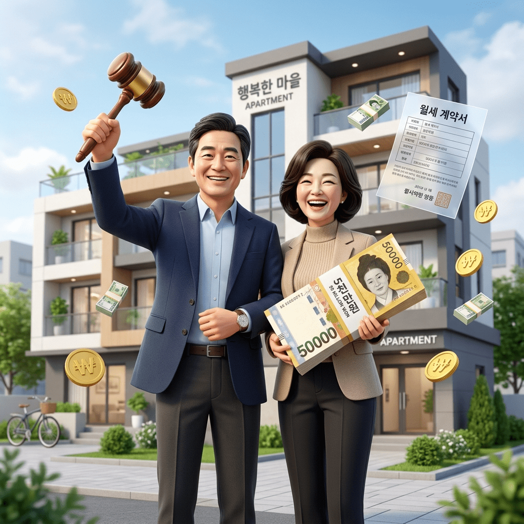 단돈 5천만 원의 종잣돈으로 부동산 소액 경매에 성공하여 매달 월세를 받는 소형 아파트 건물주가 되어 환하게 웃고 있는 4050 부부의 3D 일러스트 썸네일