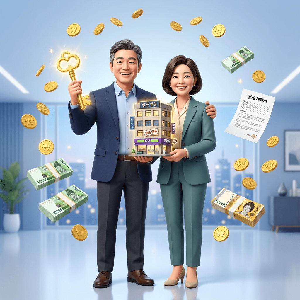 은퇴 후 성공적인 꼬마빌딩 매수 가이드를 통해 월세 나오는 4층짜리 상가 건물주가 되어 황금 열쇠를 쥐고 환하게 웃고 있는 50대 부부의 3D 일러스트 썸네일
