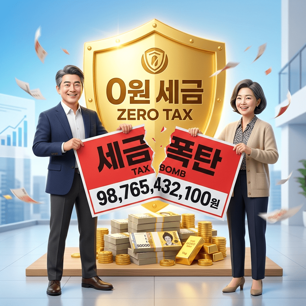 5월 세금 폭탄의 두려움을 날려버리는 완벽한 종합소득세 절세 비법을 적용하여 수백만 원의 세금을 방어하고 환하게 웃는 50대 사장님 부부의 3D 일러스트 썸네일