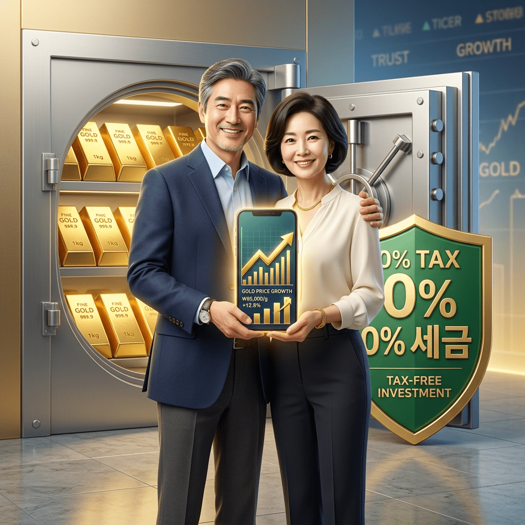 인플레이션과 경제 위기를 방어하기 위해 세금 0원의 완벽한 금 투자 방법을 활용하여 스마트폰으로 금을 매수하고 환하게 웃는 50대 부부의 3D 일러스트 썸네일