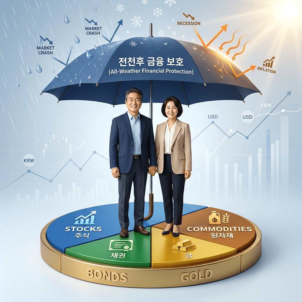 주식 폭락과 인플레이션 등 어떤 경제 위기(사계절)에도 은퇴 자금을 완벽하게 지켜내는 올웨더 포트폴리오 투자법을 실천하며 든든한 우산 아래서 환하게 웃는 4050 부부의 3D 일러스트 썸네일