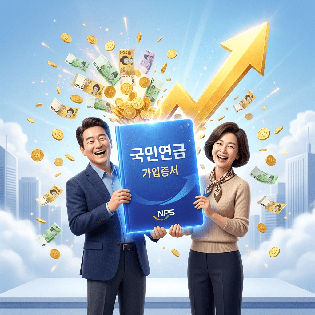 은퇴 전 가장 확실한 노후 대비책인 국민연금 수령액 늘리기 제도를 적극적으로 활용하여 매월 지급받는 연금액을 대폭 높이고 환하게 웃고 있는 50대 부부의 3D 일러스트 썸네일