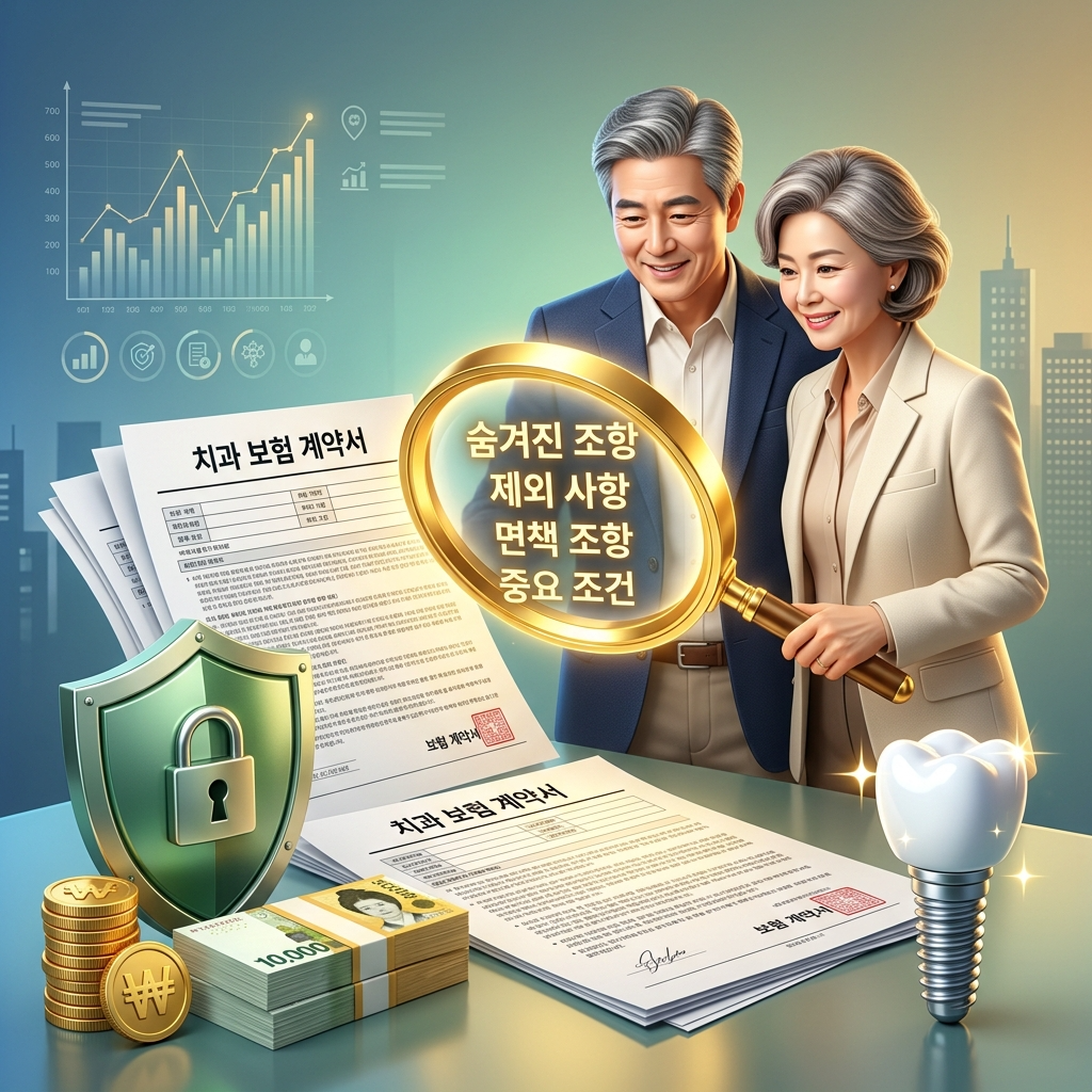 무서운 임플란트 비용 폭탄을 방어하기 위해 날카로운 50대 치아보험 가입 팩트체크를 진행하고, 꼼꼼하게 약관을 분석하여 소중한 노후 자금을 지켜내며 미소 짓는 50대 부부의 3D 일러스트 썸네일