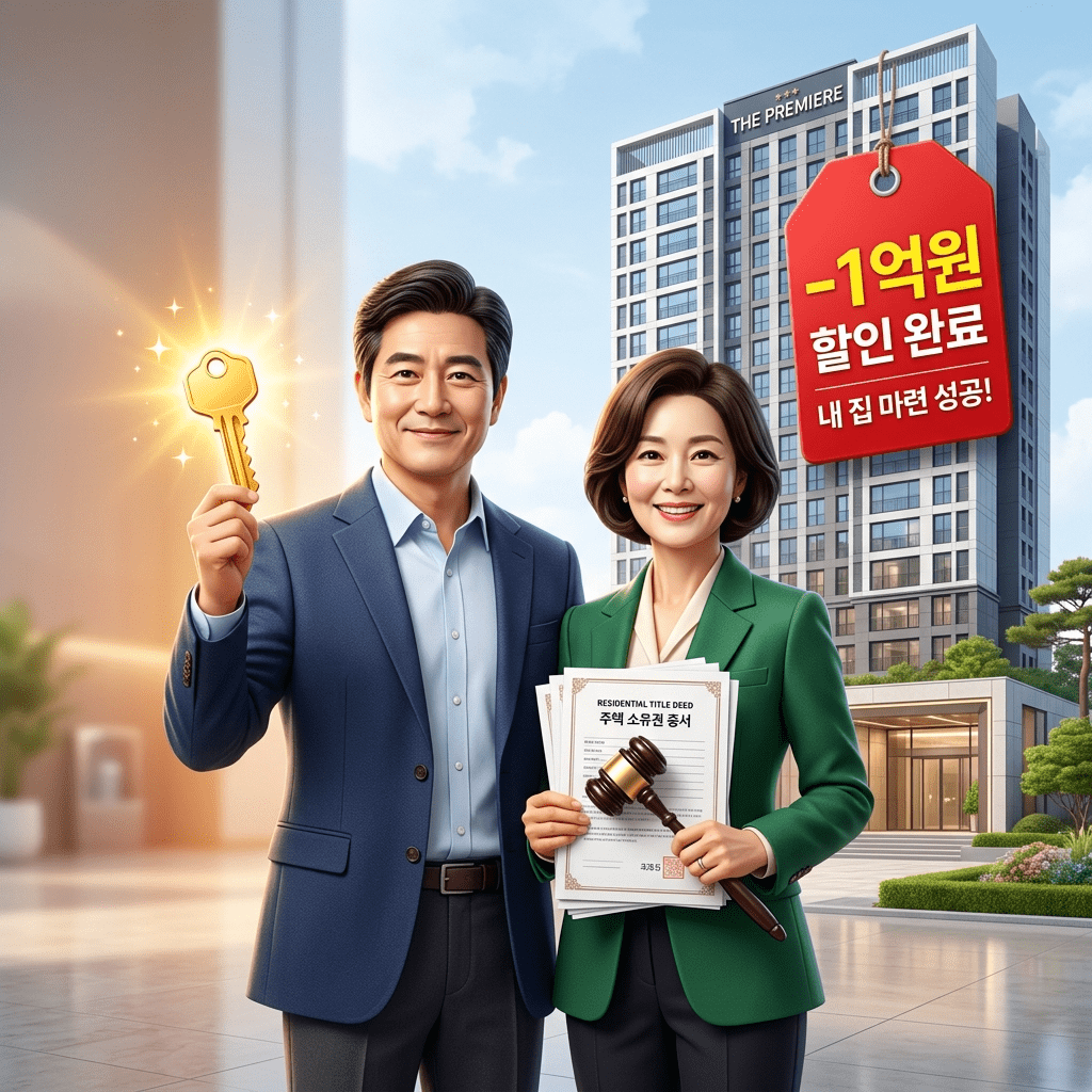 복잡한 권리분석을 건너뛰고 합법적이고 우아한 아파트 경매 명도 방법을 마스터하여 시세보다 1억 원 싸게 새 아파트의 열쇠를 거머쥔 50대 부부의 3D 일러스트 썸네일