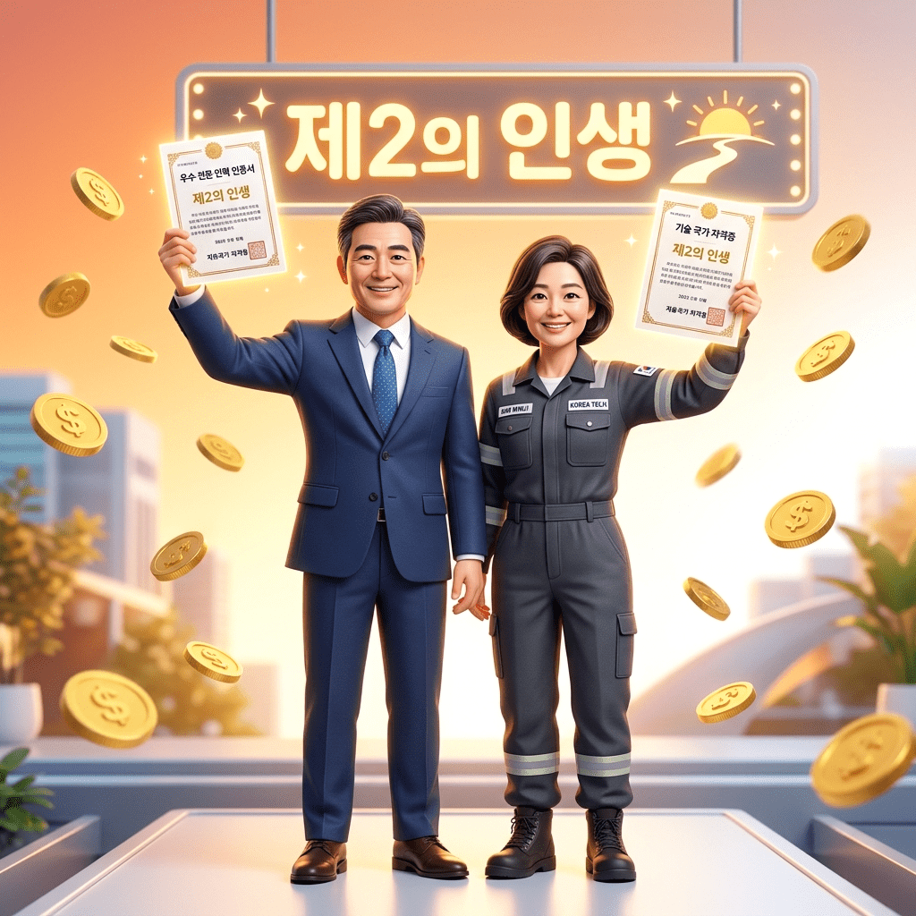 은퇴 후 제2의 인생을 위해 현실적인 4050 재취업 유망 자격증을 취득하고 당당하게 평생 현역으로 일하며 환하게 웃는 중장년 남녀의 3D 일러스트 썸네일