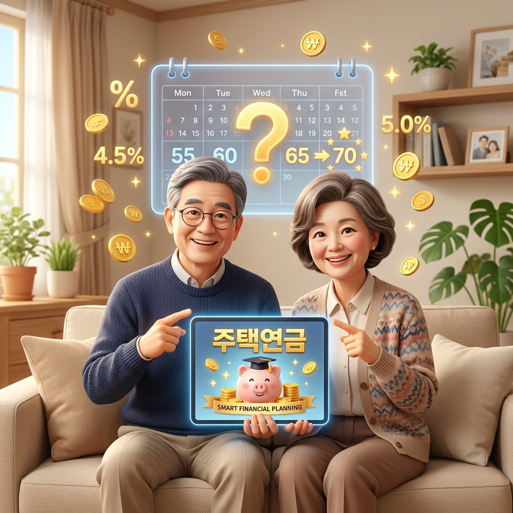 주택연금 가입 최적의 나이를 언제인지 고민하며 달력과 태블릿PC를 함께 들여다보고 미소 짓는 60대 부부의 3D 일러스트 썸네일