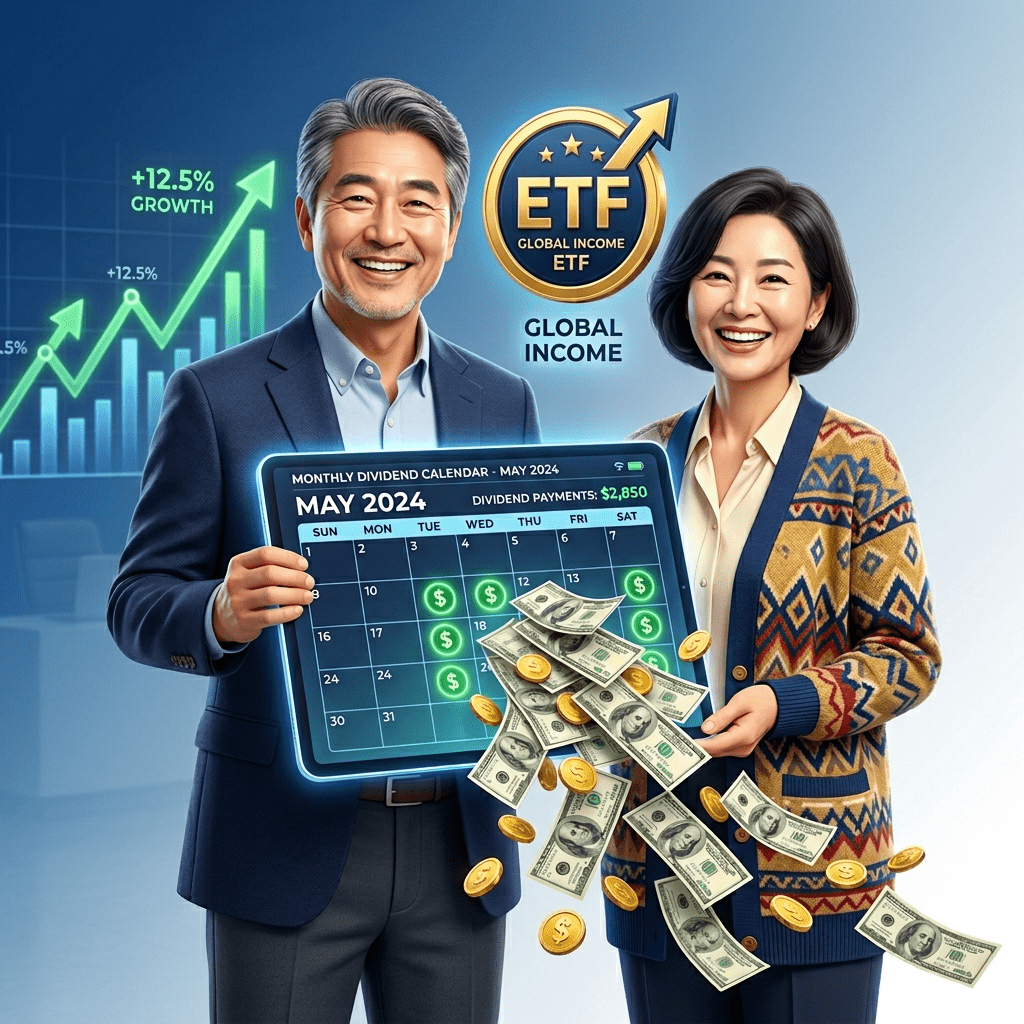 미국 월배당 ETF 추천 종목에 투자하여 매월 달러 배당금을 받고 환하게 웃고 있는 50대 부부의 3D 일러스트 썸네일