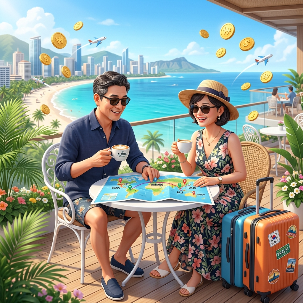 제주도보다 저렴한 비용으로 완벽한 은퇴 후 해외 한 달 살기 추천 도시로 떠나 아름다운 해변 테라스에서 커피를 마시며 여유로운 노후를 즐기는 50대 부부의 3D 일러스트 썸네일