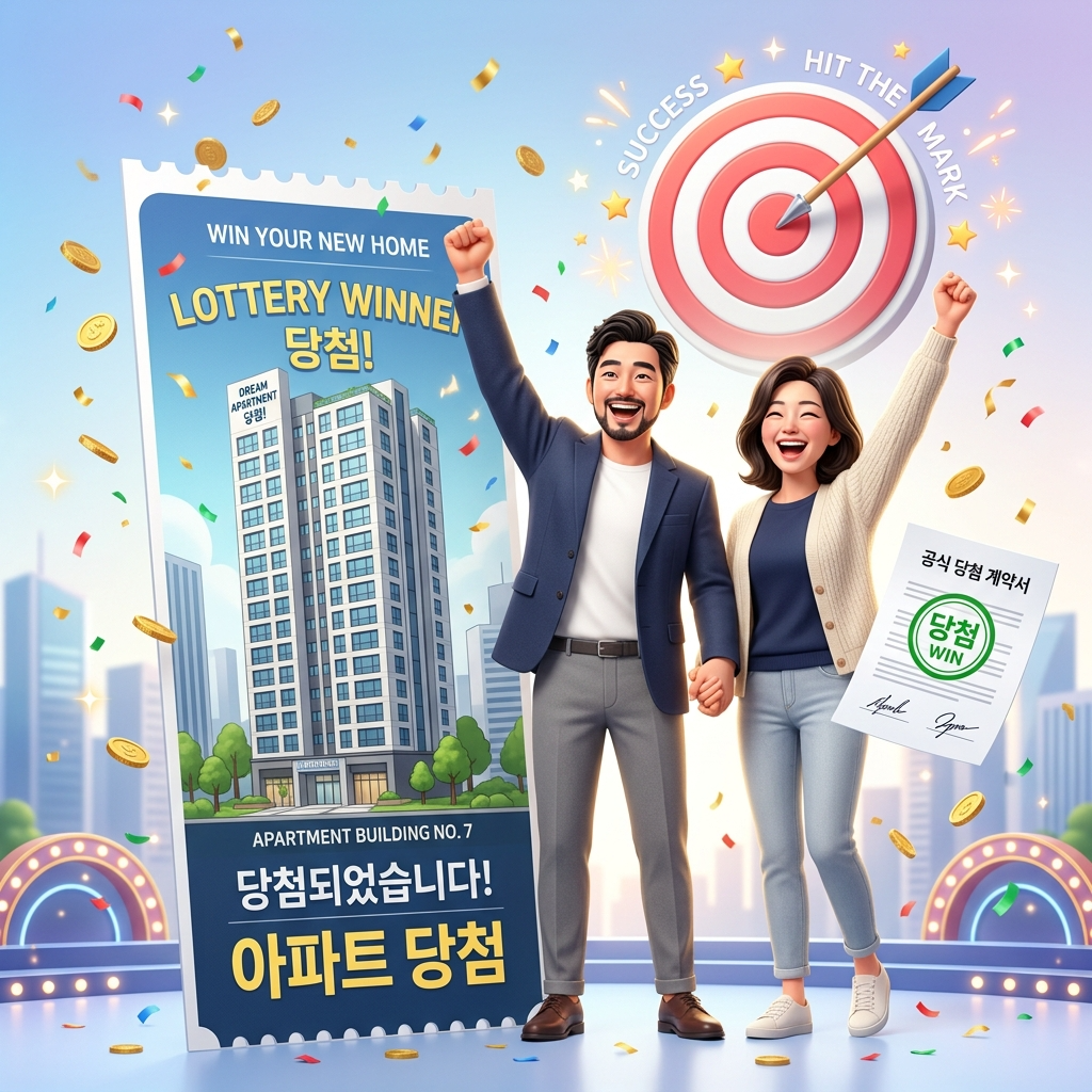낮은 청약 가점을 극복하고 성공적인 추첨제 아파트 청약 당첨 꿀팁을 활용해 새 아파트 당첨의 꿈을 이뤄내며 환호하는 4050 부부의 3D 일러스트 썸네일