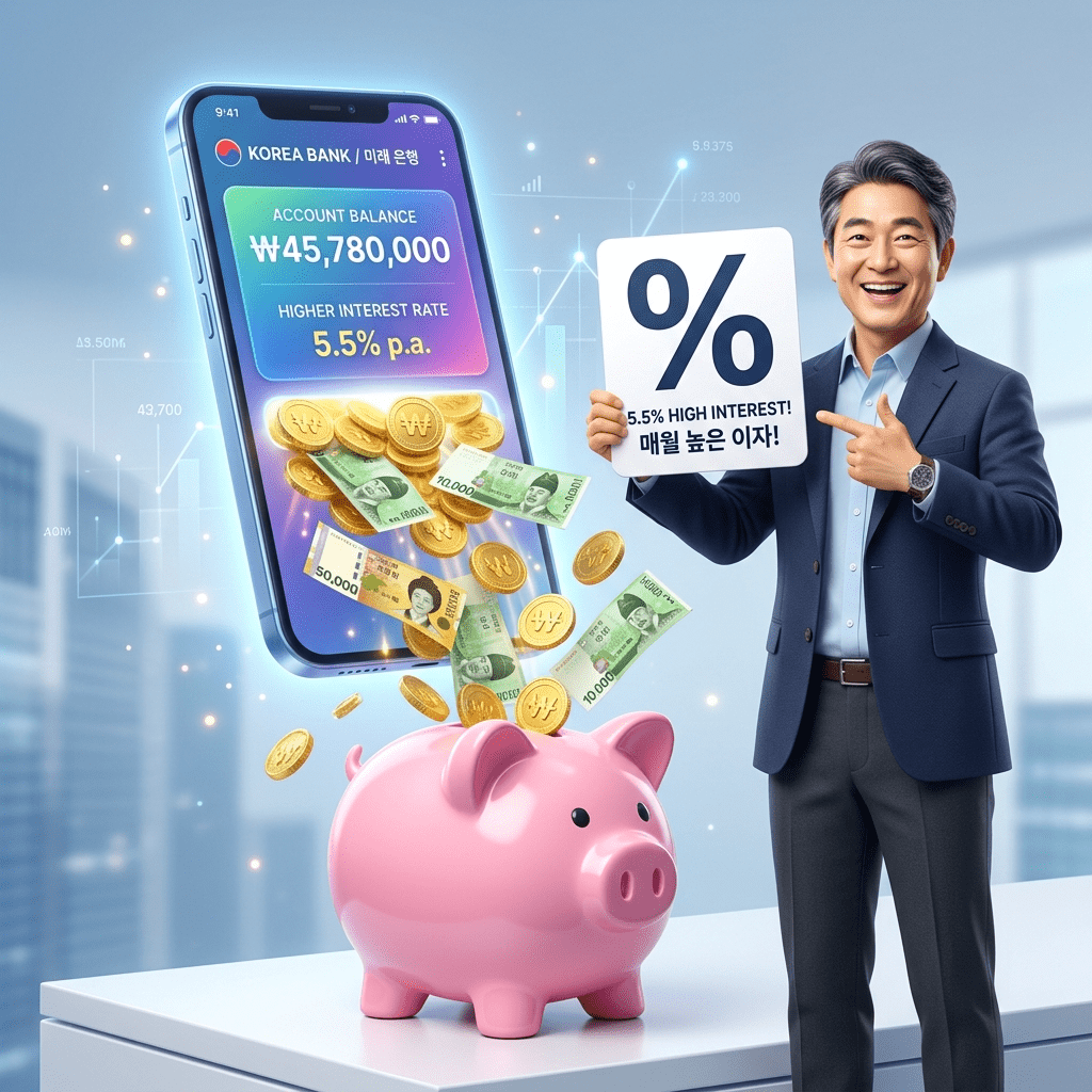 하루만 맡겨도 이자가 쏟아지는 고금리 파킹통장 추천 상품에 가입하여 스마트폰 뱅킹 앱으로 매일 이자를 받으며 환하게 웃고 있는 50대 남성의 3D 일러스트 썸네일