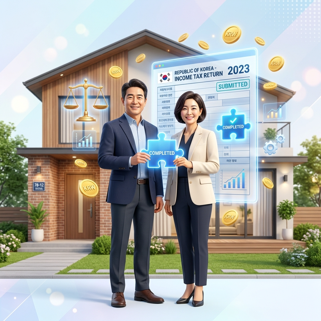 부부 공동명의 부동산 장단점을 꼼꼼하게 따져보고 집 앞에서 퍼즐을 맞추듯 절세 계획을 세우는 4050 부부의 3D 일러스트 썸네일