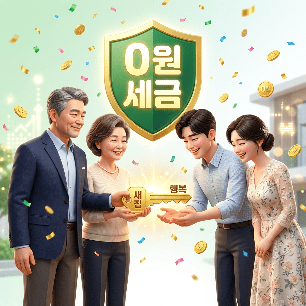 무거운 자녀 결혼 자금 증여세 부담을 완벽하게 피하고 합법적인 절세 플랜을 통해 신혼부부 자녀에게 전셋집 자금을 지원하며 환하게 웃는 50대 부모님의 3D 일러스트 썸네일