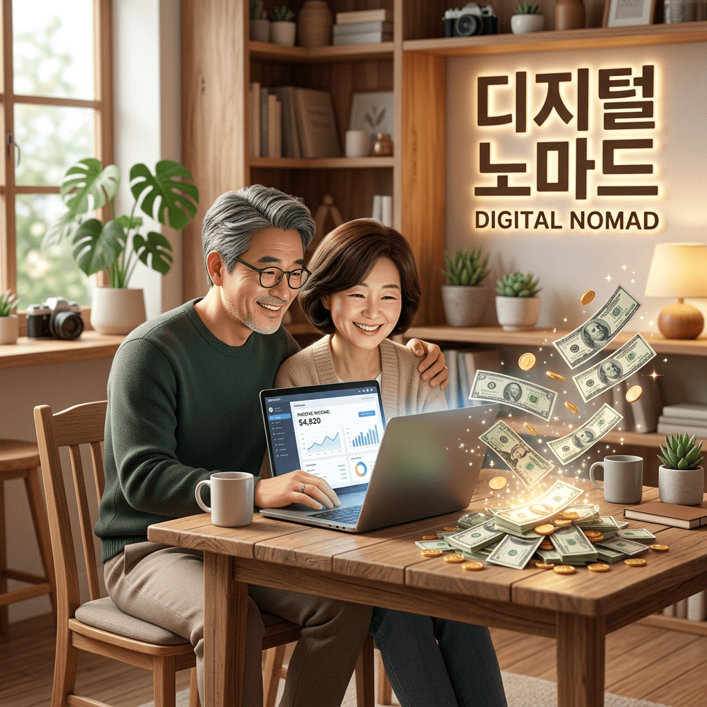 은퇴 후 육체노동 대신 4050 디지털 부업 추천 노하우를 활용하여 노트북 한 대로 블로그와 유튜브를 운영하며 집에서 편안하게 달러 수익을 창출하고 환하게 웃는 중장년 부부의 3D 일러스트 썸네일