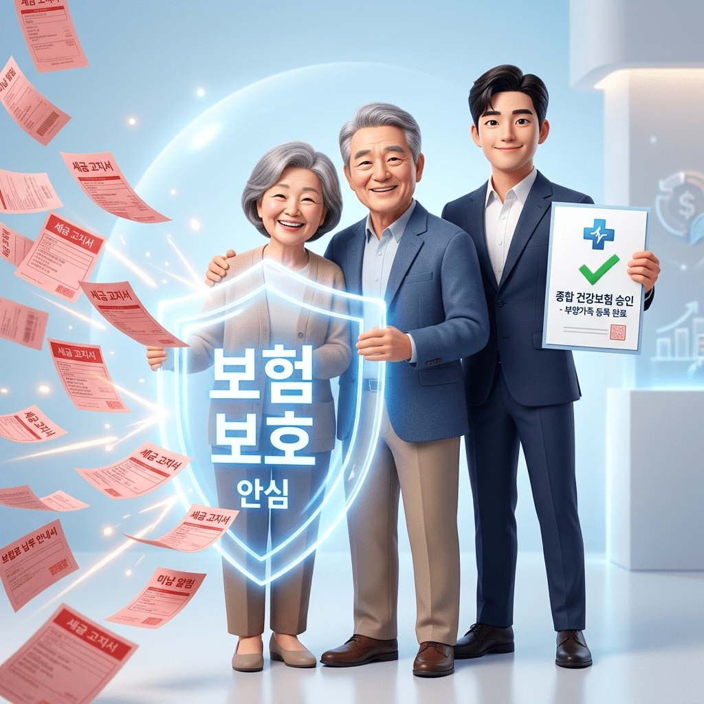 까다로운 건강보험료 피부양자 자격 요건을 완벽하게 충족하여 직장인 자녀의 건강보험증 밑으로 들어가 건보료 폭탄을 방어하고 안도하는 5060 부부의 3D 일러스트 썸네일