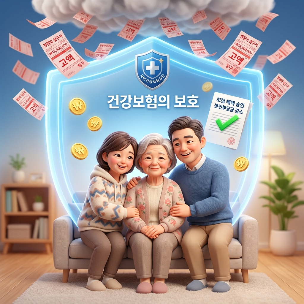 무거운 간병비 폭탄을 방어하기 위해 완벽한 노인장기요양보험 신청방법을 숙지하고, 국가의 지원을 받아 연로하신 부모님을 안전하게 모시며 안도하는 50대 부부의 3D 일러스트 썸네일