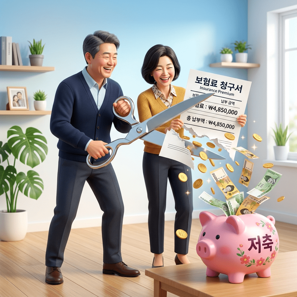 성공적인 50대 보험 리모델링 방법을 통해 무거운 갱신형 보험료 영수증을 가위로 잘라내고 매달 절약한 돈을 저금통에 모으며 환하게 웃는 중장년 부부의 3D 일러스트 썸네일