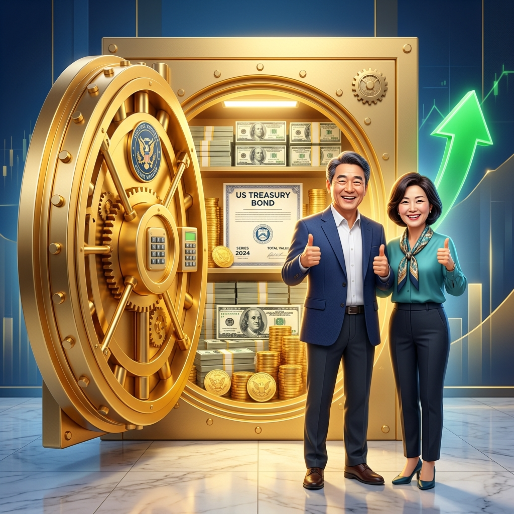 안전한 노후 자금을 지키기 위해 완벽한 미국 국채 투자 방법을 실행하고, 달러 뭉치와 금화가 가득한 금고 앞에서 환하게 웃으며 엄지를 치켜세우는 50대 부부의 3D 일러스트 썸네일