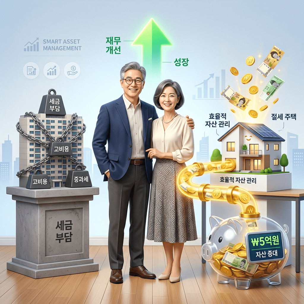 무거운 세금과 관리비 부담을 덜어내는 50대 아파트 다운사이징을 성공적으로 실행하여 작고 예쁜 집으로 이사하고 노후 현금 5억 원을 확보하며 환하게 웃는 부부의 3D 일러스트 썸네일