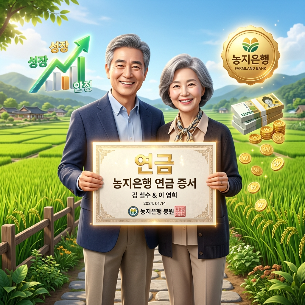 까다로운 농지연금 가입조건을 충족하고 푸른 농지를 배경으로 평생 연금 증서를 들고 환하게 웃고 있는 50대 부부의 3D 일러스트 썸네일