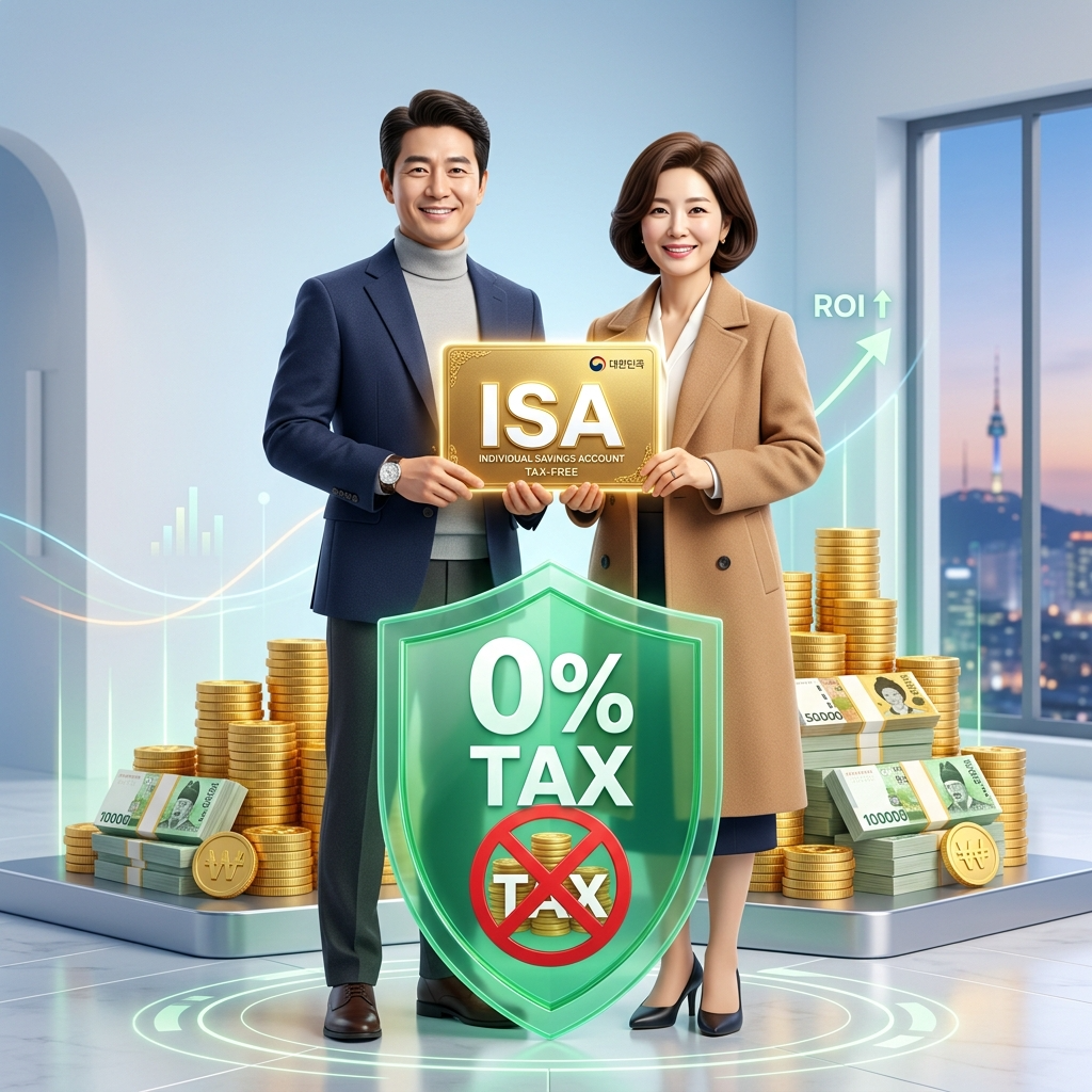 완벽한 중개형 ISA 활용법을 통해 세금 0원 혜택을 받고 자산을 불려 나가며 환하게 웃고 있는 4050 부부의 3D 일러스트 썸네일