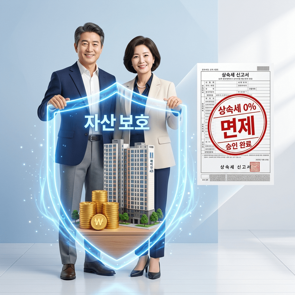 까다로운 상속세 면제 한도를 완벽하게 파악하고 절세 플랜을 세워 가족의 소중한 아파트와 자산을 세금 폭탄으로부터 지켜내는 50대 부부의 3D 일러스트 썸네일