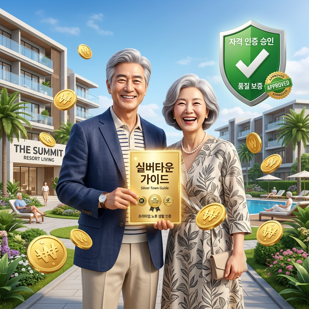 성공적인 노후를 위해 까다로운 실버타운 입주 자격 및 비용을 완벽하게 분석하고, 최고급 호텔식 노인복지주택 앞에서 여유롭게 미소 짓는 5060 부부의 3D 일러스트 썸네일