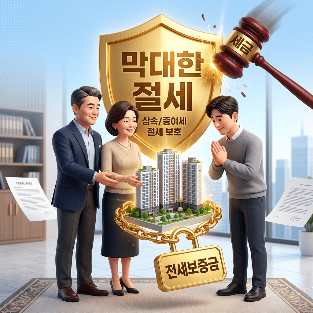 무거운 세금 폭탄을 방어하는 완벽한 부담부증여 절세 방법을 활용하여 전세금이 포함된 아파트를 자녀에게 안전하게 물려주며 미소 짓는 50대 부모님의 3D 일러스트 썸네일