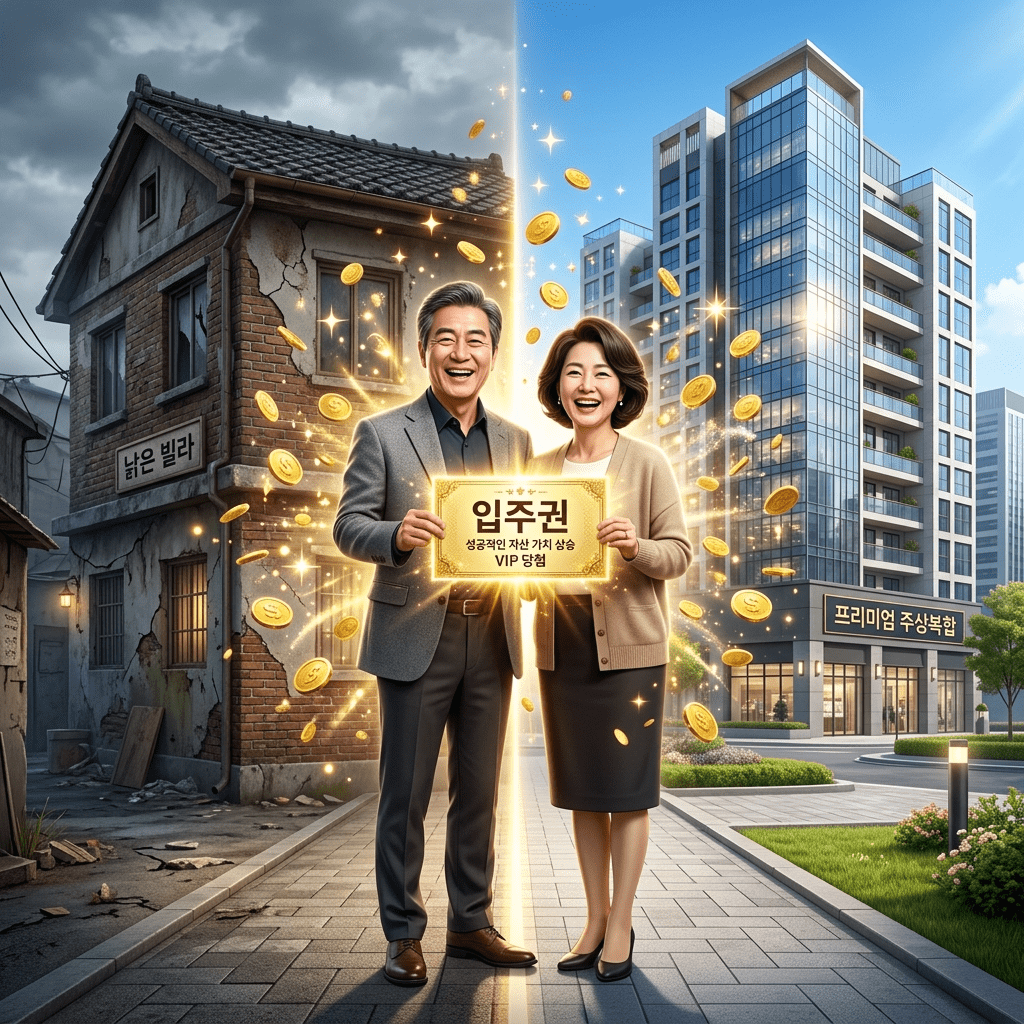 낡은 빌라를 매수하여 신축 아파트 입주권으로 바꾸는 완벽한 재개발 소액 투자 방법을 실천하고 황금 티켓을 들고 환하게 웃는 50대 부부의 3D 일러스트 썸네일