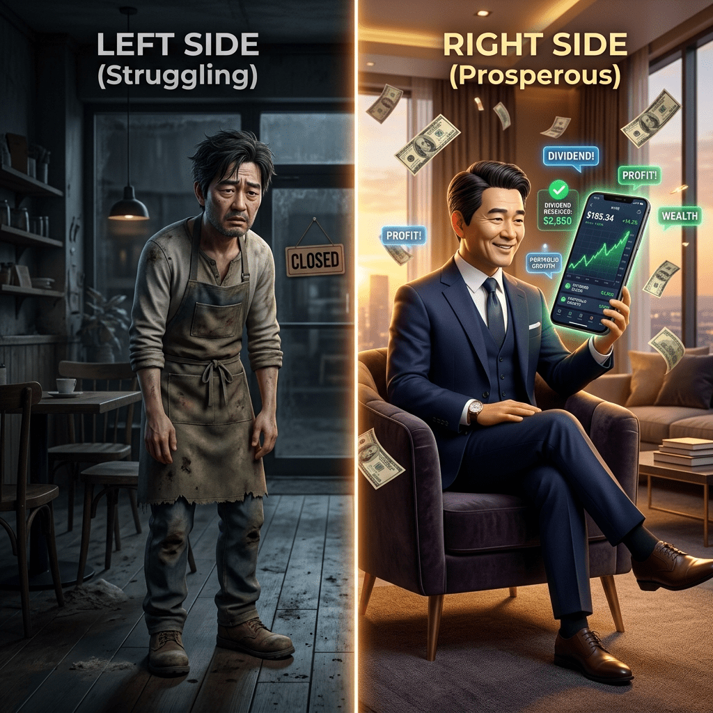무리한 퇴직금 프랜차이즈 창업으로 고통받는 현실과, 우량주 배당 투자로 편안한 노후를 즐기는 50대 은퇴자의 모습을 대비시킨 3D 일러스트 썸네일