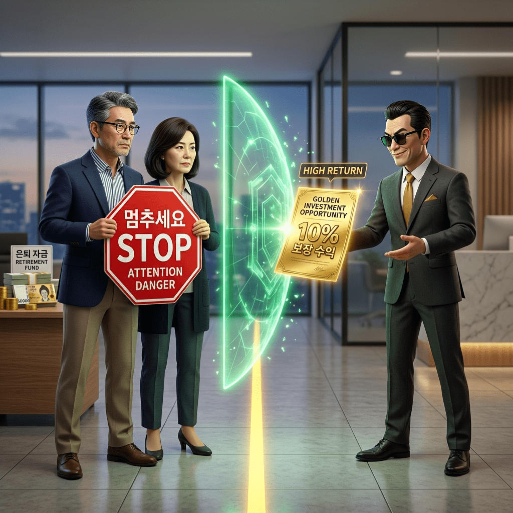 은퇴 자금을 노리는 달콤한 유혹을 단호하게 거절하고, 날카로운 눈으로 신종 기획부동산 사기 수법을 간파하여 평생 모은 퇴직금을 안전하게 지켜내는 50대 부부의 3D 일러스트 썸네일