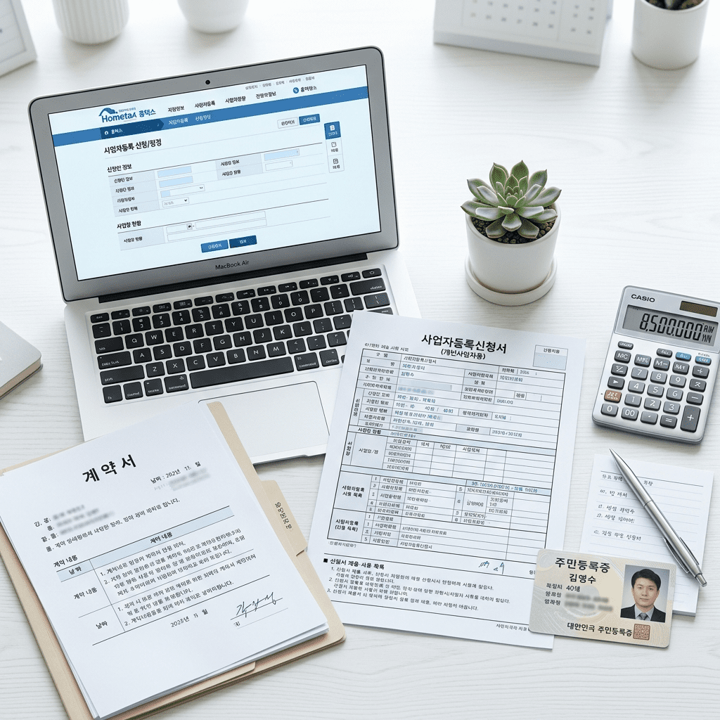 사업자등록 신청 방법을 보여주는 사업자 서류와 홈택스 화면 썸네일 이미지