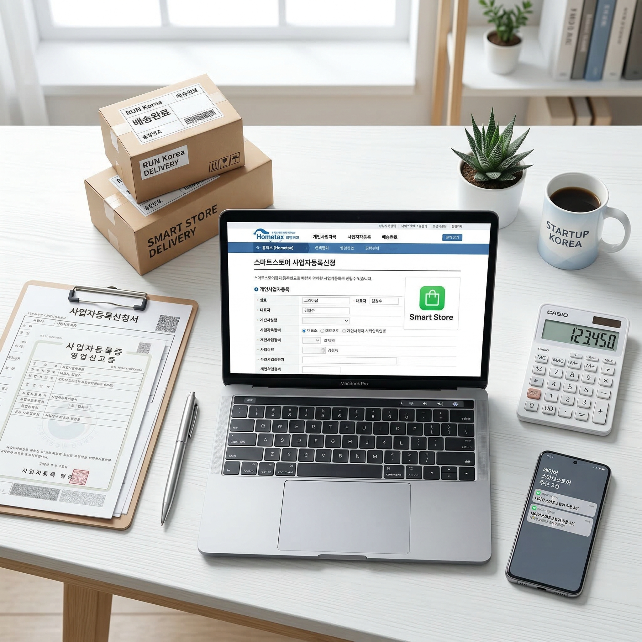 스마트스토어 사업자등록을 준비하는 홈택스 화면과 사업자 서류 썸네일 이미지