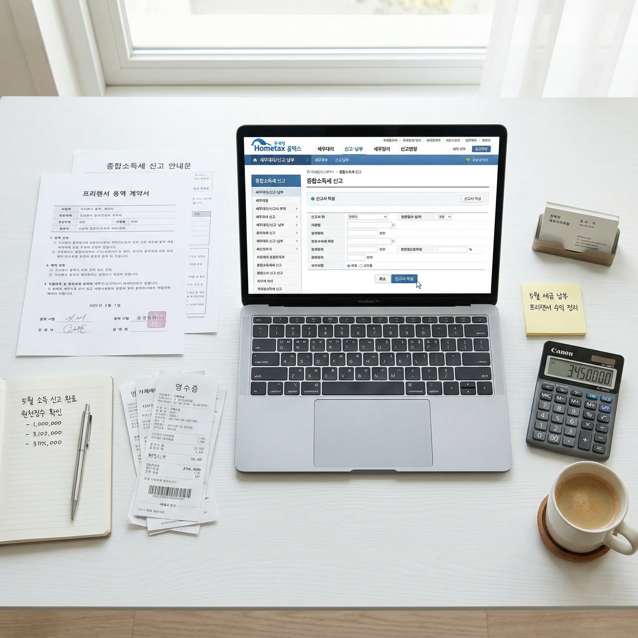 프리랜서 3.3% 세금을 보여주는 계약서와 계산기 썸네일 이미지