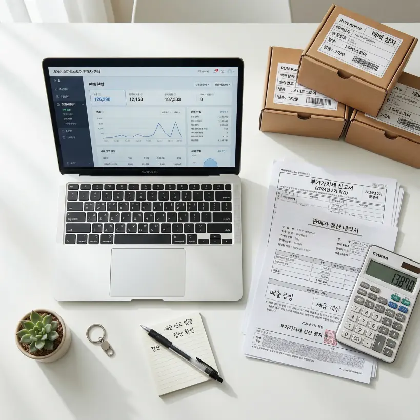 스마트스토어 부가세 신고를 보여주는 정산서와 계산기 썸네일 이미지