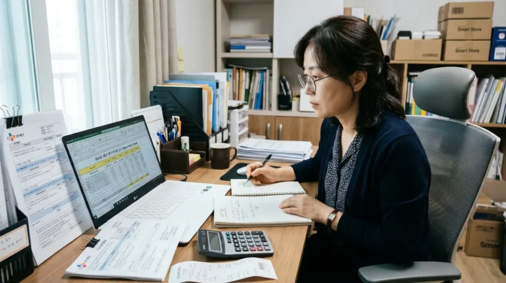 스마트스토어 부가세 신고를 위해 정산자료와 광고비 내역을 확인하는 이미지