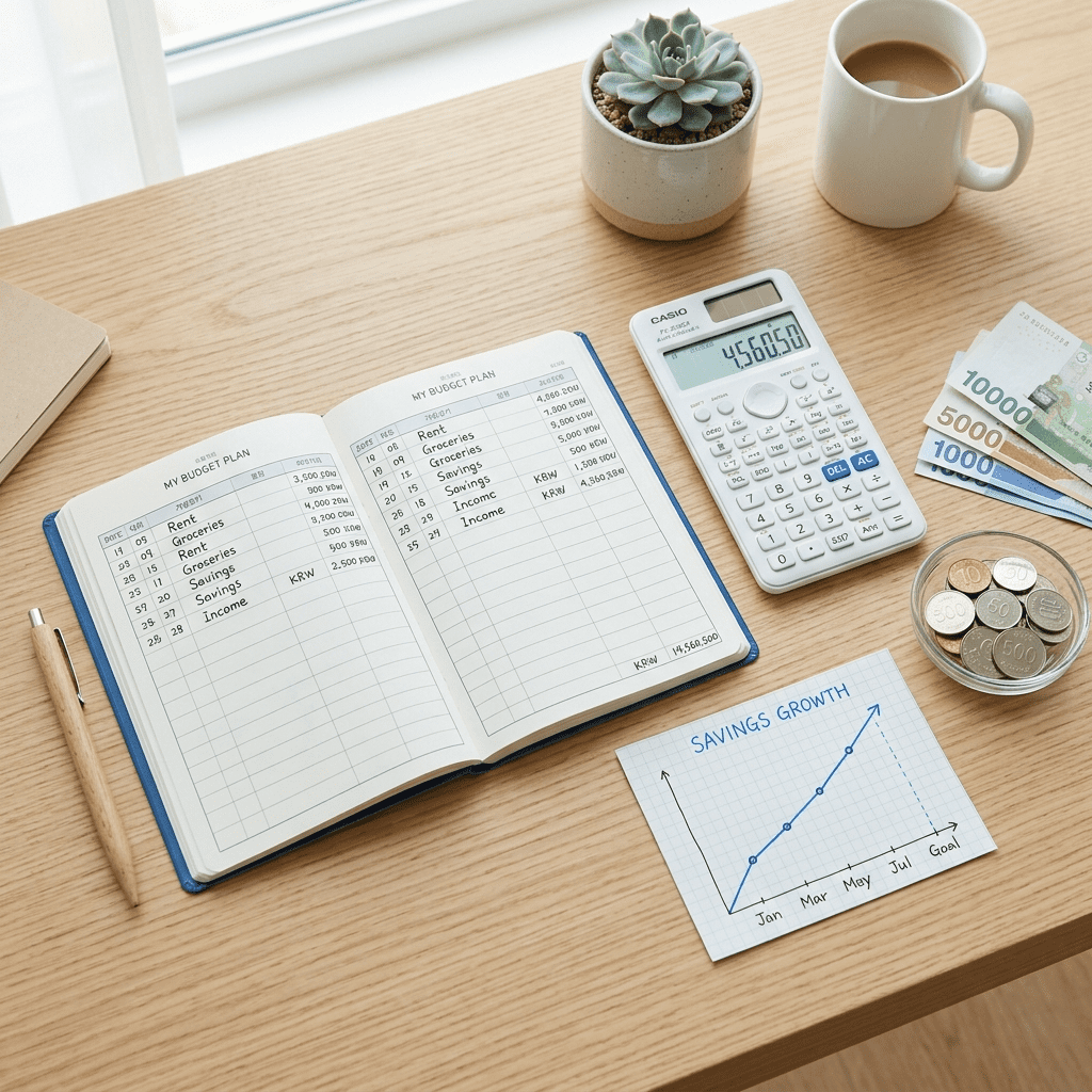 재테크란 무엇인가를 설명하는 가계부와 계산기, 동전이 있는 경제 블로그 썸네일 이미지