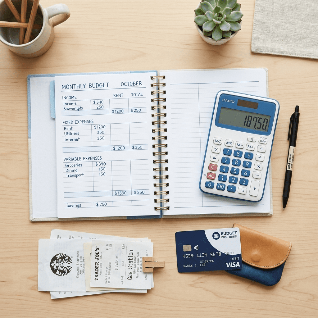 가계부 작성법을 보여주는 가계부 노트 계산기 영수증 썸네일 이미지