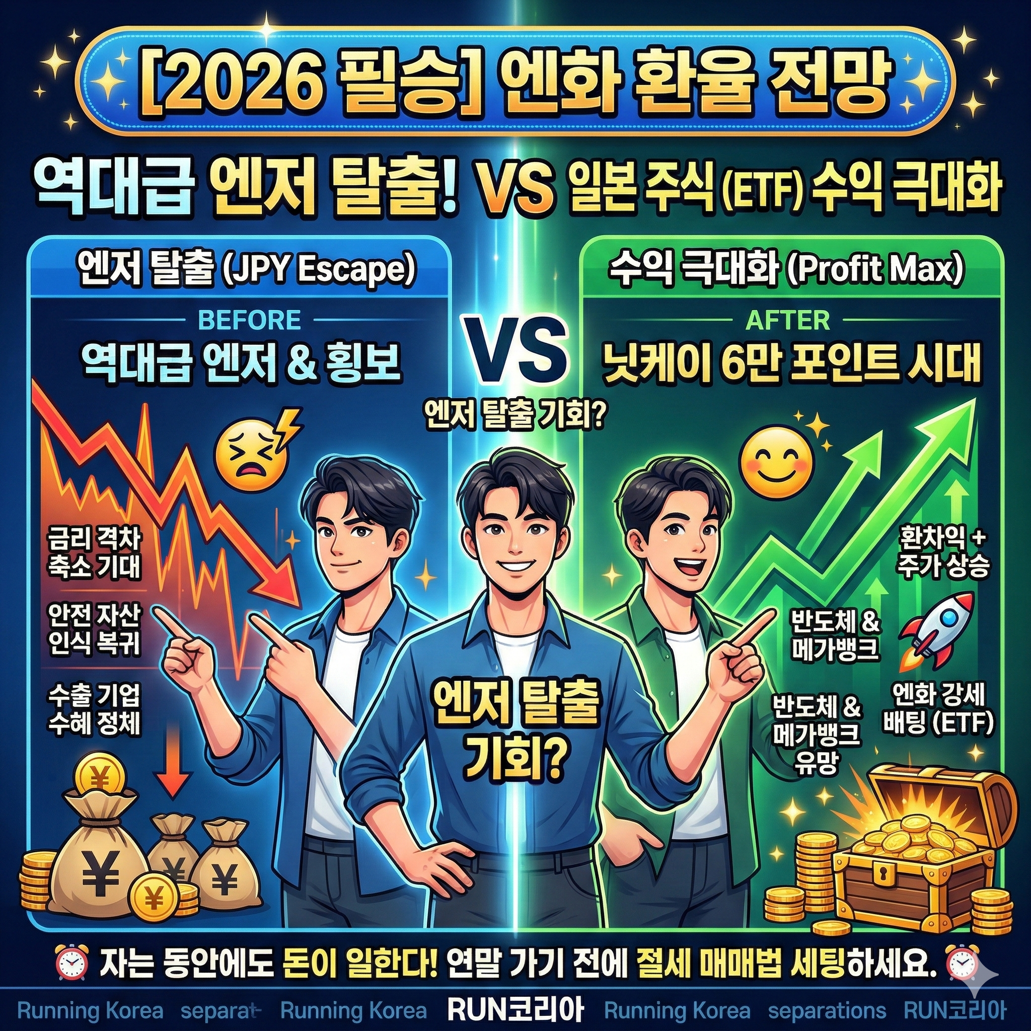 '엔화 환율 전망! 역대급 엔저 탈출? VS 일본 주식 수익 극대화!'를 비교한 1:1 정사각형 이미지. 왼쪽(빨강)에는 '엔저 & 횡보'라는 텍스트와 함께, 끊어진 하락 VI 체인에 갇혀 오열하는 젊은 남성과 '800원대 엔화'라 적힌 거대한 무게추가 대비되어 있다. 오른쪽(초록)에는 빛나는 금화와 열쇠, 불꽃, '환차익 + 주가 상승'이라는 텍스트가 있으며, 화랑(Hwarang) 캐릭터가 역동적으로 채권 기술력을 뽐내고 있다. 중앙에는 거대한 'VS' 로고와 상단에 '[2026 필승] 엔화 환율 전망', '역대급 엔저 탈출! VS 일본 주식 (ETF) 수익 극대화'라는 제목이 적혀 있다. 하단에는 '자는 동안에도 돈이 일한다! 연말 가기 전에 절세 매매법 세팅하세요.'라는 문구와 로고가 있다.