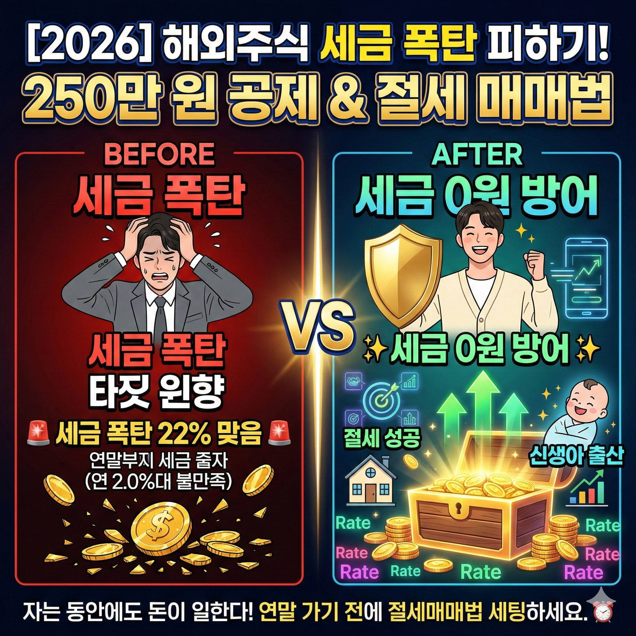 '해외주식 세금 폭탄 피하기! VS 세금 0원 방어'를 비교한 1:1 정사각형 이미지. 왼쪽(빨강)에는 거대한 국세청 세금 폭탄 무게추에 짓눌려 오열하는 젊은 남성과 '🚨 세금 폭탄 22% 맞음 🚨'이라는 텍스트가 있다. 오른쪽(초록)에는 빛나는 황금 방패와 스마트폰을 들고 환호하는 같은 남성과 '✨ 세금 0원 방어 ✨'라는 텍스트가 있으며, '250만 원 공제', '손익상계' 스킬이 아이콘과 보물상자로 표현되어 있다. 중앙에는 거대한 'VS' 로고와 상단에 '[2026] 해외주식 세금 폭탄 피하기!', '250만 원 공제 & 절세 매매법'이라는 제목이 적혀 있다. 하단에는 '자는 동안에도 돈이 일한다! 연말 가기 전에 절세 매매법 세팅하세요.'라는 문구와 로고가 있다.