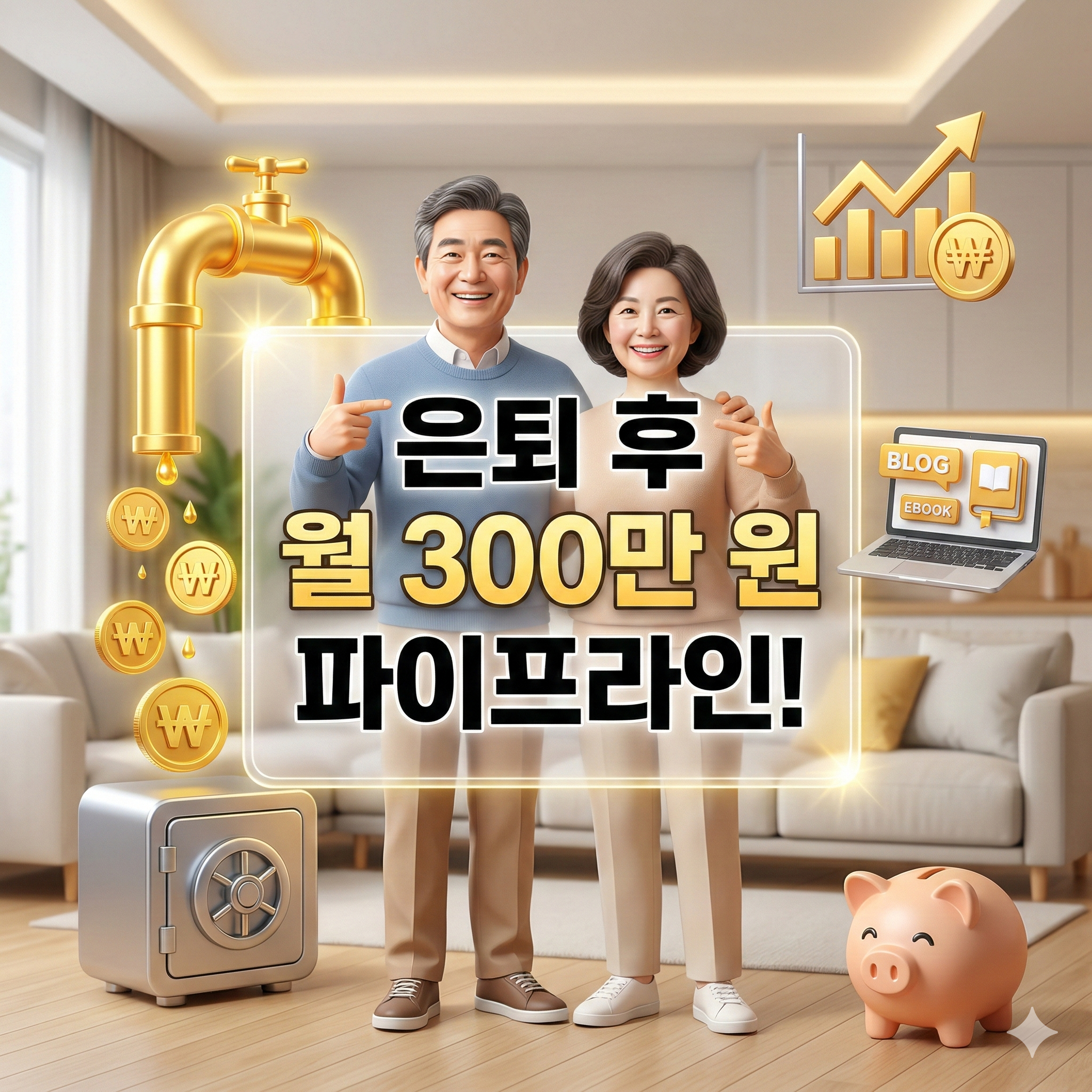 은퇴 후 월 300만 원 파이프라인을 성공적으로 구축하고 환하게 웃고 있는 50대 부부가 가상의 digital check를 가리키는 3D 일러스트 썸네일 이미지입니다. check에는 한국 원화(₩) 동전과 '월 300만 원'이라는 한글 텍스트가 떠 있습니다. 주변에는 금화와 지폐, '파이프라인' 아이콘이 떠 있습니다. 따뜻하고 신뢰감 있는 분위기입니다.