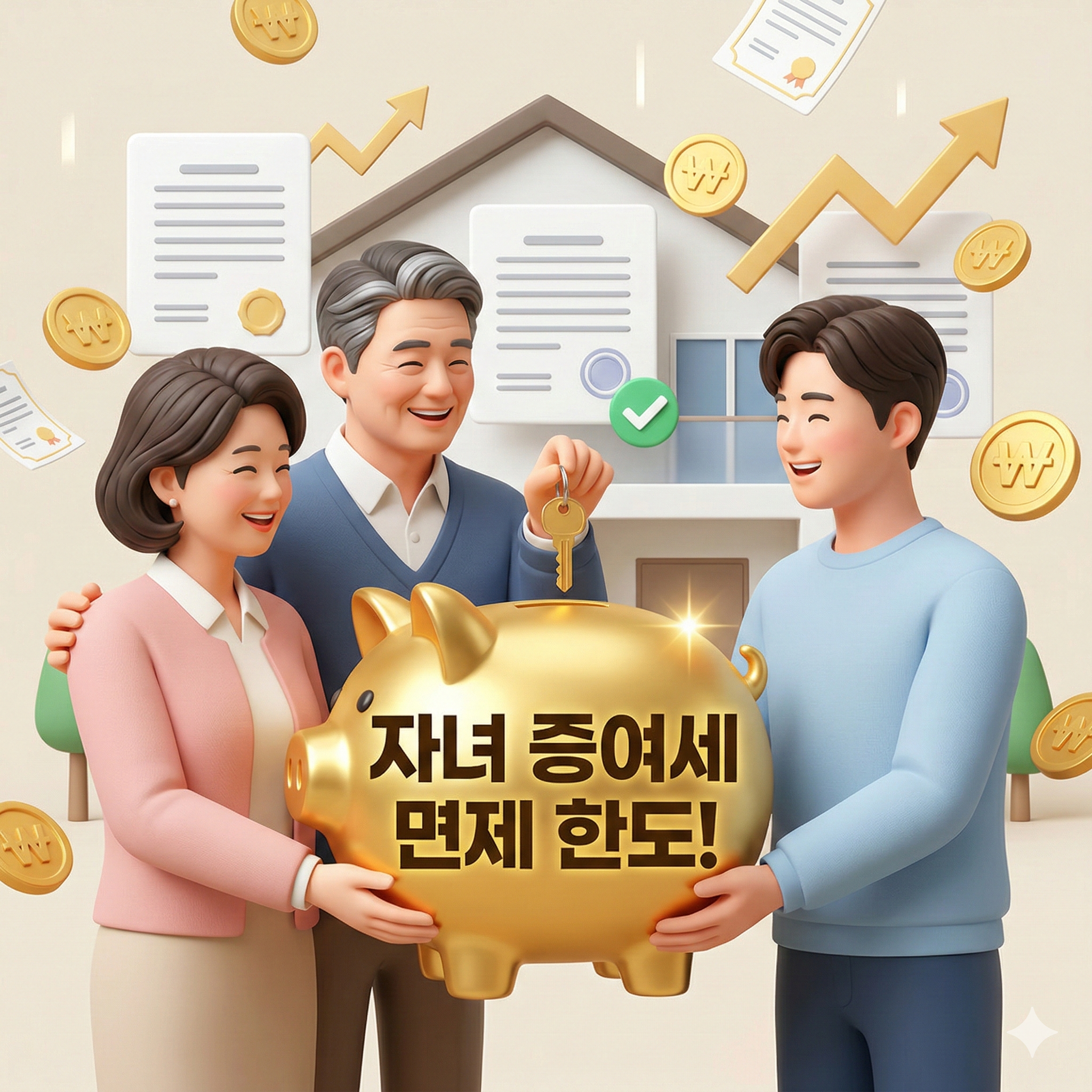자녀 증여세 면제 한도를 활용하여 세금 없이 합법적으로 자녀에게 주택 자금과 황금 돼지저금통을 증여하며 미소 짓는 50대 부모님의 3D 일러스트 썸네일 이미지입니다. 저금통에는 한국 원화(₩) 동전과 '비과세'라는 한글 텍스트가 떠 있습니다. 주변에는 금화와 지폐, '국세청 신고' 아이콘이 떠 있습니다. 따뜻하고 신뢰감 있는 분위기입니다.