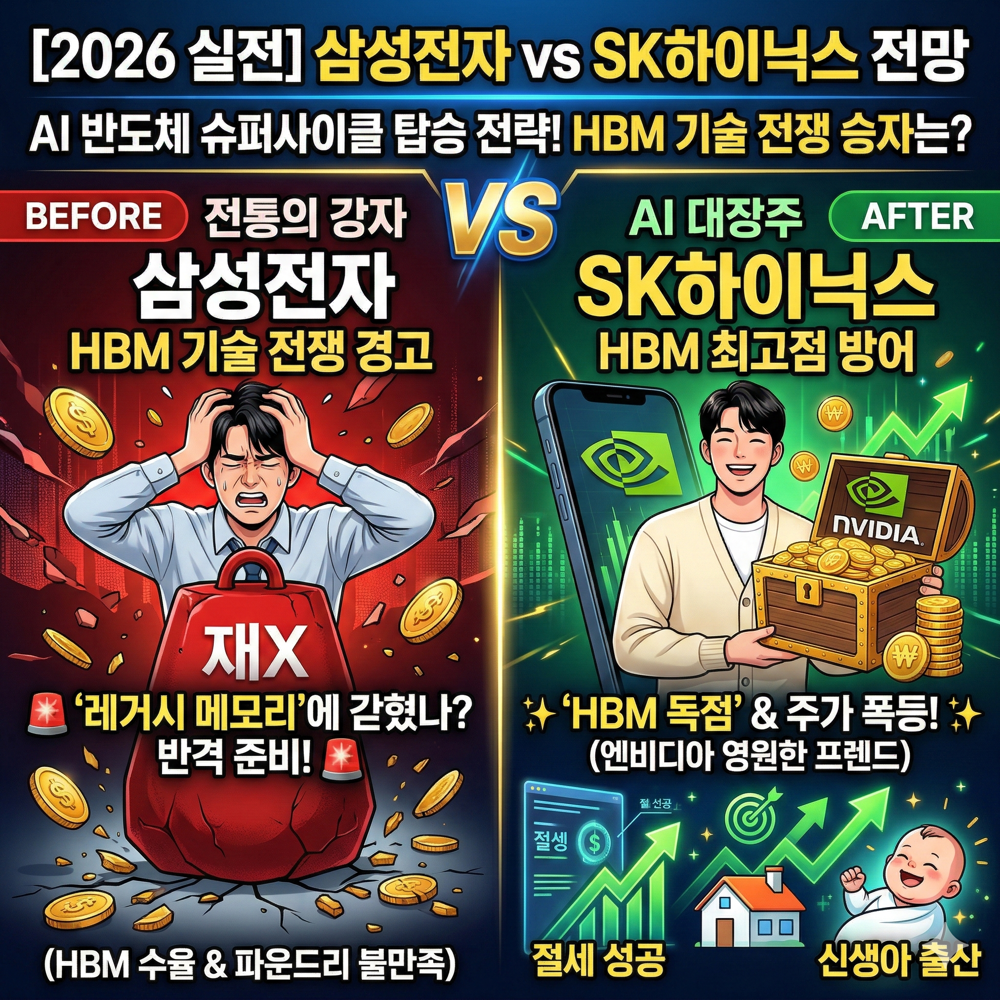 '삼성전자 vs SK하이닉스 반도체 주식 투자 전략! HBM 기술 전쟁 승자는?'을 비교한 1:1 정사각형 이미지. 왼쪽(빨강)에는 거대한 삼성전자 파운드리 공장과 스마트폰, '레거시 메모리 강자'라는 텍스트가 있다. 오른쪽(초록)에는 엔비디아(NVIDIA) 로고가 새겨진 빛나는 HBM(고대역폭 메모리) 금괴를 든 SK하이닉스 캐릭터와 'HBM 독점 & AI 대장주'라는 텍스트가 있으며, 화랑(Hwarang) 캐릭터가 역동적으로 HBM 기술력을 뽐내고 있다. 중앙에는 거대한 'VS' 로고와 상단에 '[2026 실전] 삼성전자 vs SK하이닉스 전망', 'AI 반도체 슈퍼사이클 탑승 전략'이라는 제목이 적혀 있다. 하단에는 '자는 동안에도 돈이 일한다! 연말 가기 전에 절세 매매법 세팅하세요.'라는 문구와 로고가 있다.