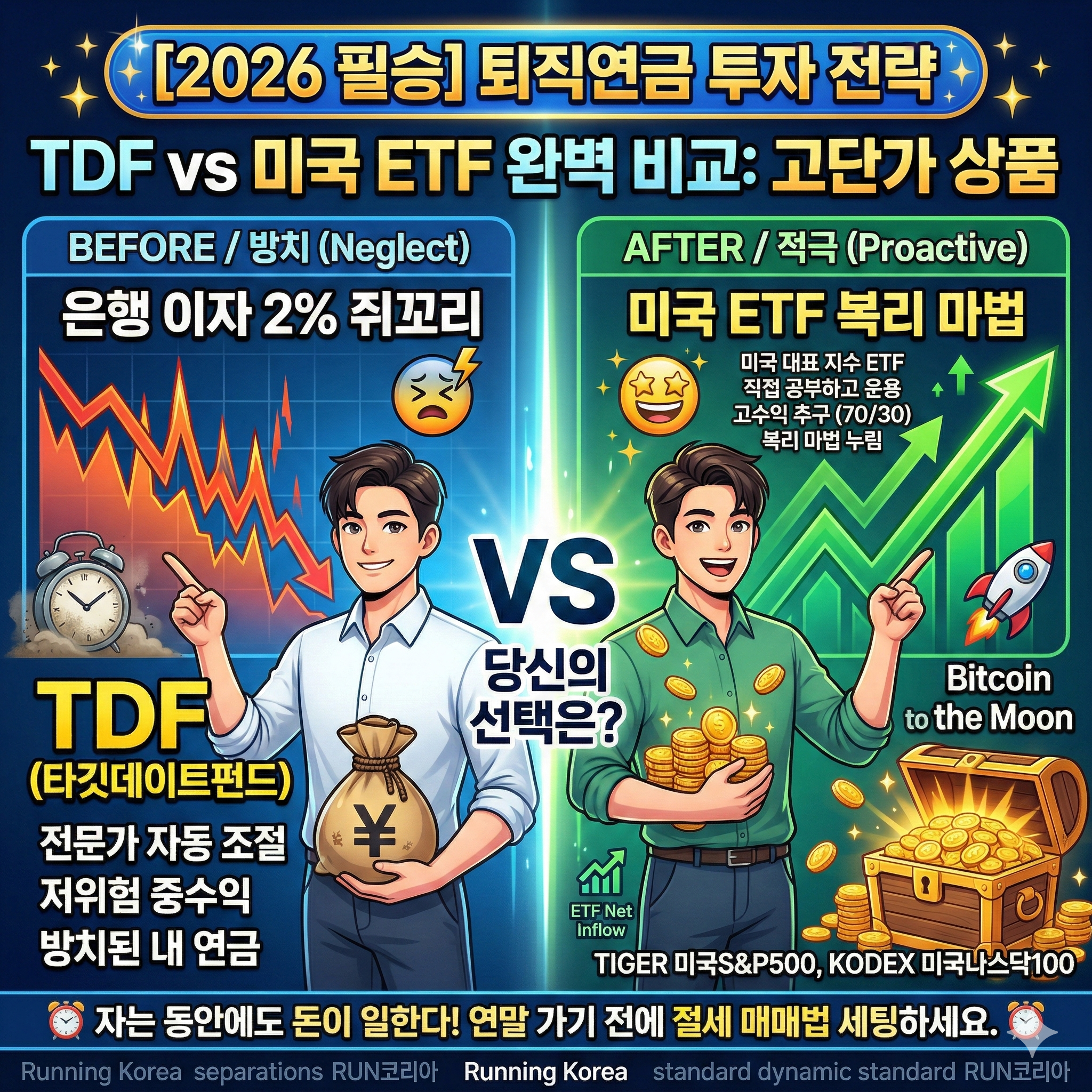 '퇴직연금 투자 전략! 방치된 TDF? VS 적극적인 미국 ETF!'를 비교한 1:1 정사각형 이미지. 왼쪽(파랑)에는 먼지 쌓인 시계와 '방치된 내 연금'이라는 텍스트와 함께, 끊어진 하락 VI 체인에 갇혀 오열하는 젊은 남성이 있다. 오른쪽(초록)에는 빛나는 금화와 열쇠, 불꽃, '복리 마법'이라는 텍스트가 있으며, 화랑(Hwarang) 캐릭터가 역동적으로 채권 기술력을 뽐내고 있다. 중앙에는 거대한 'VS' 로고와 상단에 '[2026 필승] 퇴직연금 투자 전략', 'TDF vs 미국 ETF 완벽 비교: 배당 & 전망'이라는 제목이 적혀 있다. 하단에는 '자는 동안에도 돈이 일한다! 연말 가기 전에 절세 매매법 세팅하세요.'라는 문구와 로고가 있다.