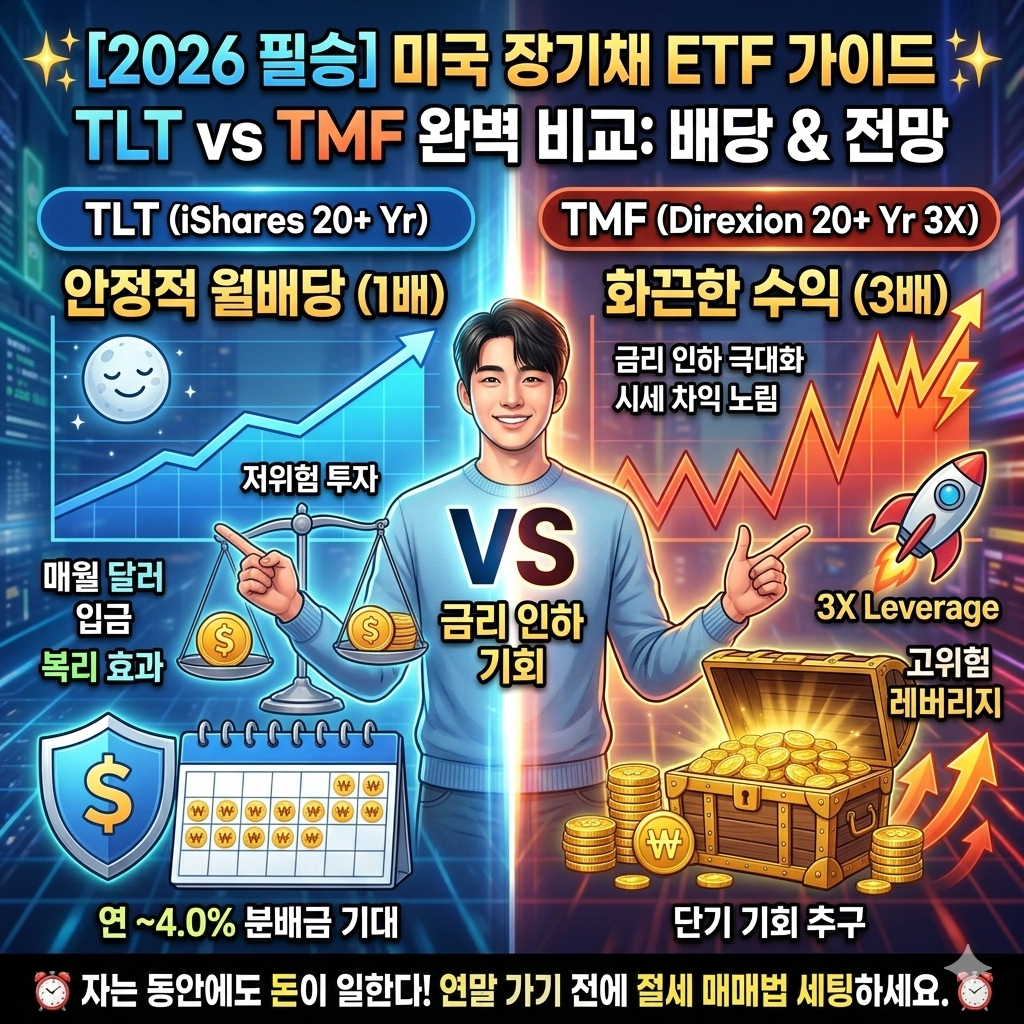 '미국 장기채 ETF 투자 가이드! 안정적 월배당 TLT VS 화끈한 3배 수익 TMF'를 비교한 1:1 정사각형 이미지. 왼쪽(파랑)에는 거대한 금빛 열쇠와 달력, '안정적 월배당 (1배)'이라는 텍스트가 있다. 오른쪽(빨강)에는 금리 인하라는 불꽃과 '화끈한 수익 (3배)'이라는 텍스트가 있으며, 화랑(Hwarang) 캐릭터가 역동적으로 채권 기술력을 뽐내고 있다. 중앙에는 거대한 'VS' 로고와 상단에 '[2026 필승] 미국 장기채 ETF 가이드', 'TLT vs TMF 완벽 비교: 배당 & 전망'이라는 제목이 적혀 있다. 하단에는 '자는 동안에도 돈이 일한다! 연말 가기 전에 절세 매매법 세팅하세요.'라는 문구와 로고가 있다.