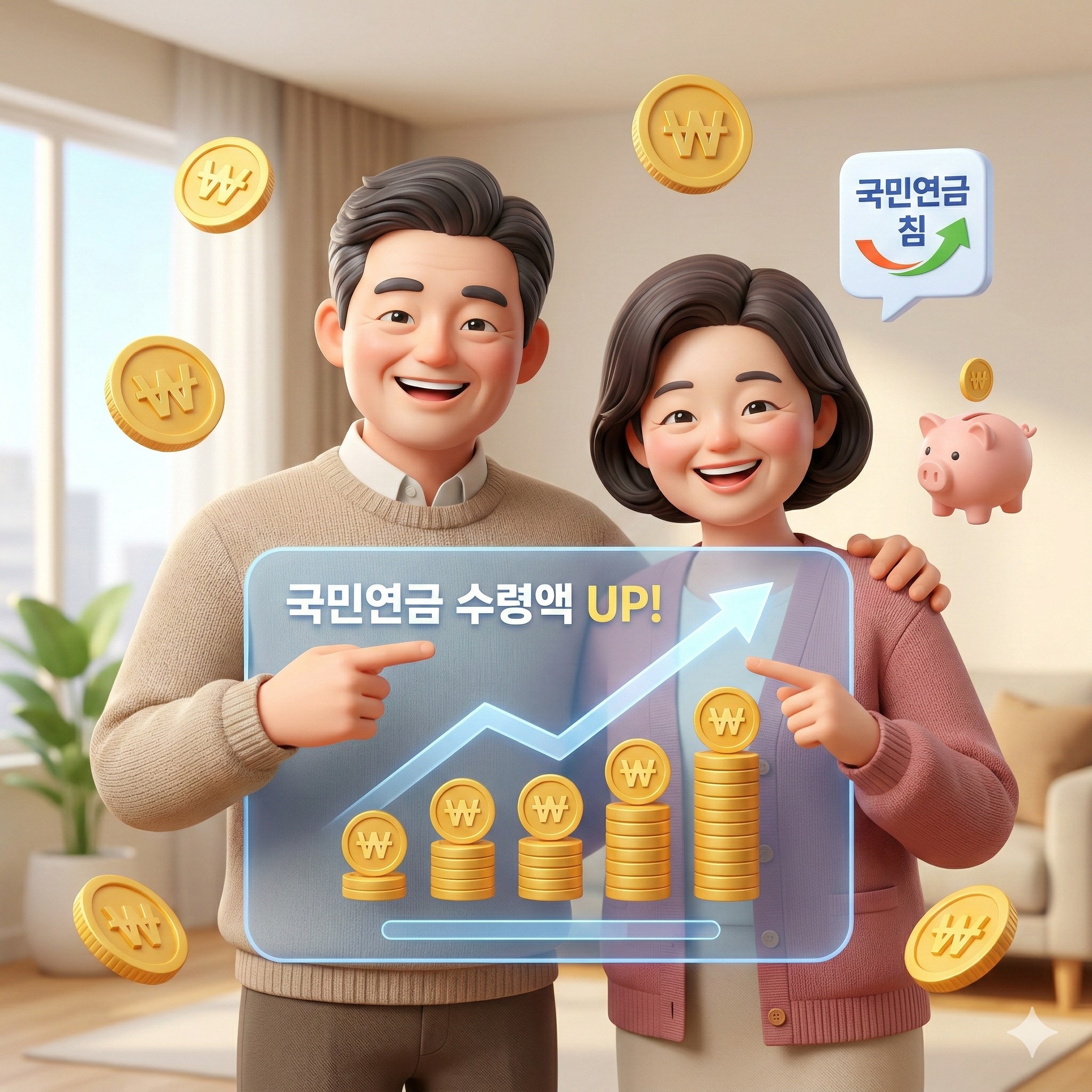 국민연금 수령액 늘리는 방법을 알아보고 행복해하는 50대 부부가 가상의 성장 그래프를 손으로 가리키는 3D 일러스트 썸네일 이미지입니다. 그래프 옆에는 한국 원화(₩) 동전과 복돼지 저금통, '국민연금 수령액 UP!'이라는 한글 텍스트가 떠 있습니다. 따뜻하고 신뢰감 있는 분위기입니다.